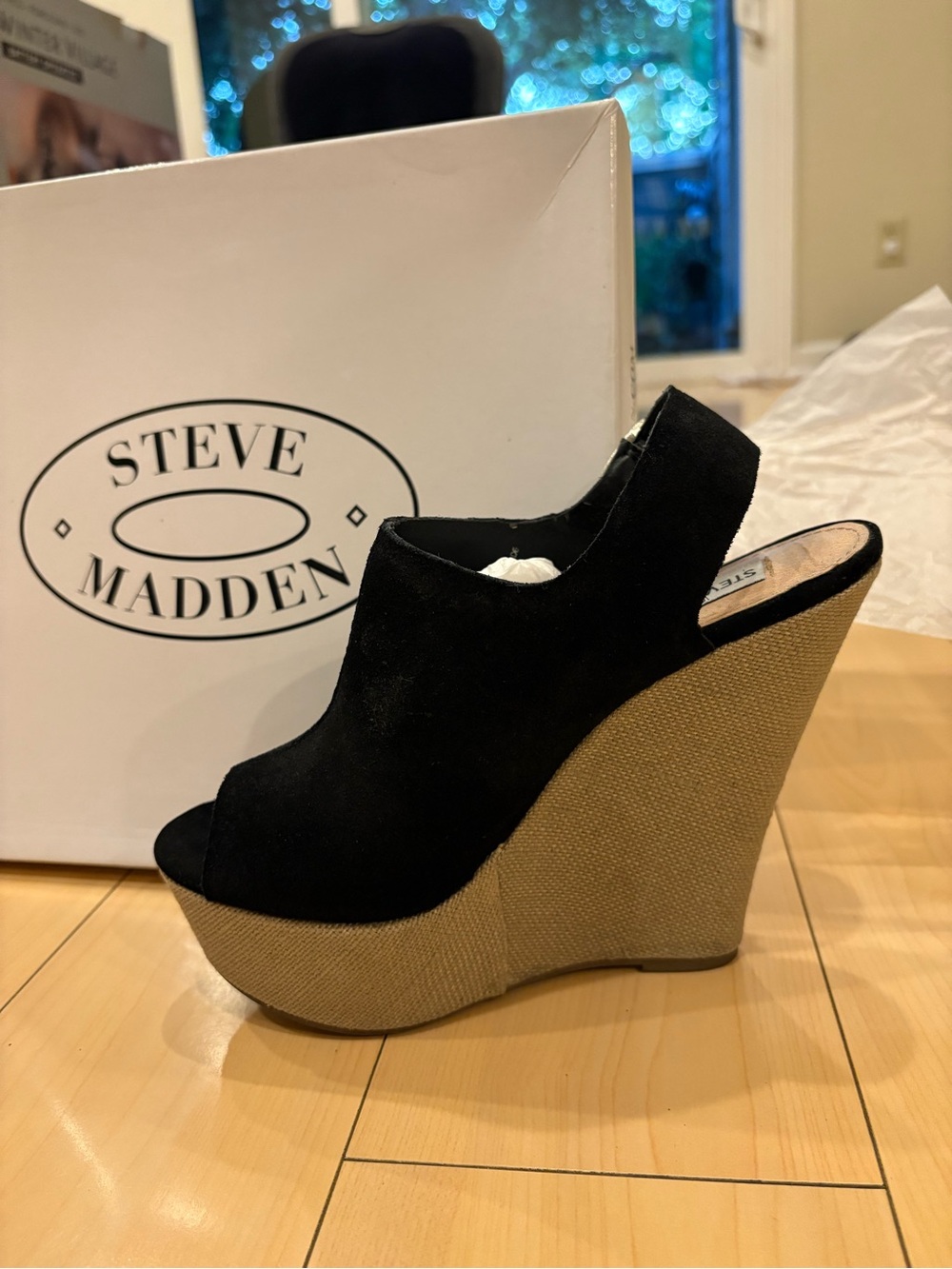 Steve Madden Black Suede Open-Toe Platform Wedge Sandals